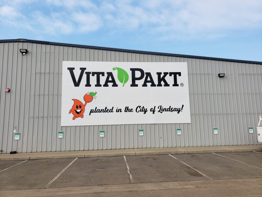 VitaPakt signage on industrial building in Lindsay, featuring vibrant logo and tagline "planted in the City of Lindsay!"