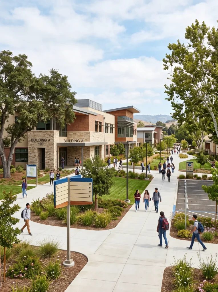 A beautiful public school campus with professionally installed directional signs, building identification signs, parking signs, and wayfinding signage throughout the property, clean sidewalks, landscaped grounds, modern educational buildings