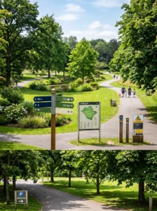 A large public park with attractive directional signs, parking signs, pedestrian wayfinding markers, trail maps, and safety signage guiding visitors throughout landscaped walking paths, mature trees, families walking in the distance