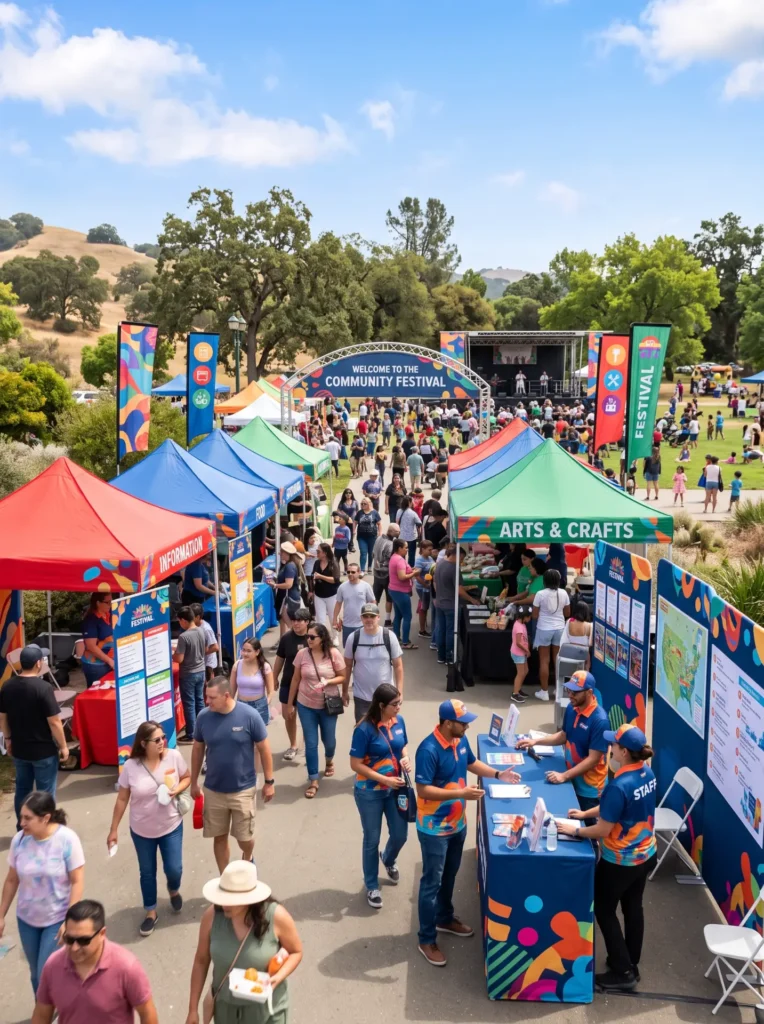 A lively community festival in Central California with coordinated custom banners, branded event tents, promotional displays, staff wearing matching custom apparel, informational booth graphics, welcoming public atmosphere