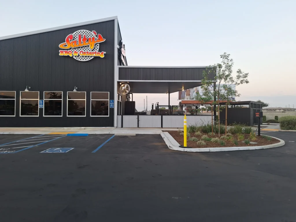 Salty's BBQ & Catering 3D illuminated channel letter sign on a new restaurant building in Bakersfield, CA